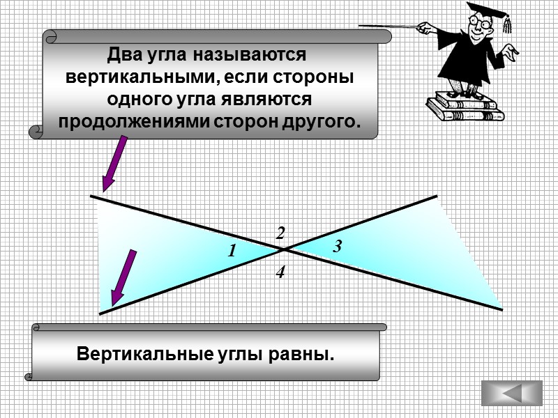 Два угла называются  вертикальными, если стороны одного угла являются продолжениями сторон другого. 2